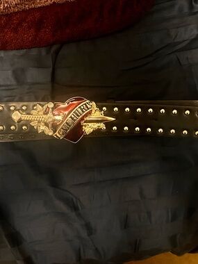 Studded Black Leather Belt with 'Love Hurts' Heart Buckle